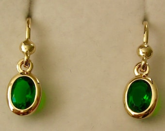 Pendientes de gancho colgantes de esmeralda con piedra natal de mayo de ORO AMARILLO SÓLIDO genuino de 9 quilates y 9 quilates de 7x5 mm