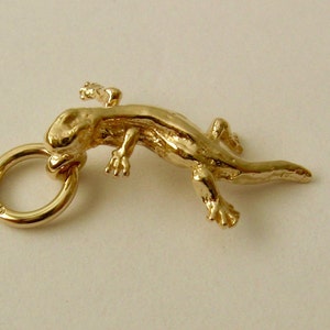May include: A gold charm in the shape of a lizard with a ring attached. The charm is marked "14K" on the ring.