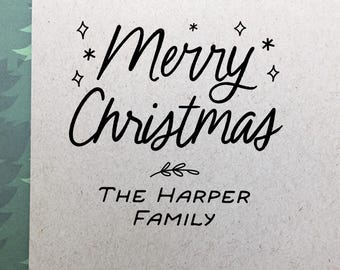 Custom Family Merry Christmas Stamp: Modern Personalized Wooden Rubber Holiday Stamp