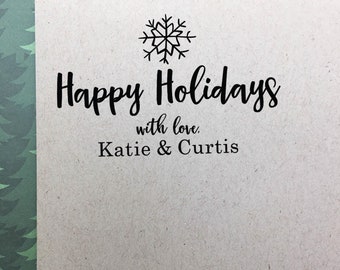 Personalized Holiday Rubber Stamp, Happy Holidays, Christmas, Snowflake