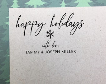 Happy Holidays Script Stamp, Personalized Holiday Stamp with Names, Wooden Rubber Stamp, Custom Christmas Stamp with Snowflake