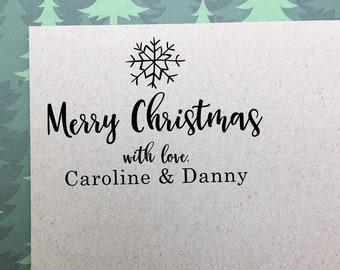 Personalized Merry Christmas Stamp with Snowflake: Custom Wooden Rubber Stamp