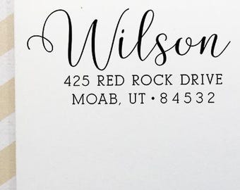 Personalized Return Address Stamp: Script Family Name, Self-Inking or Wooden