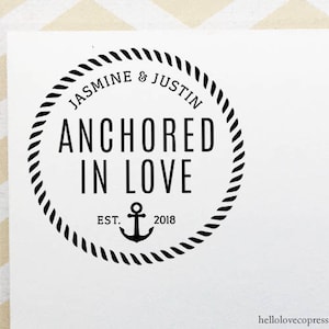 Anchored In Love Stamp, Nautical Wedding, Custom Rubber Stamp, Personalized Beach Wedding Stamp, Wooden or Self Inking, Sea Wedding Favors