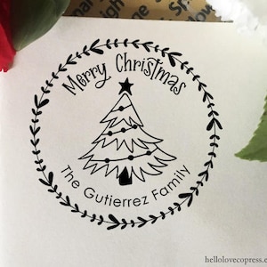Personalized Christmas Stamp, Merry Christmas Custom Stamp, Christmas Tree with Family Name Stamp, Self Inking or Wooden Rubber Stamp