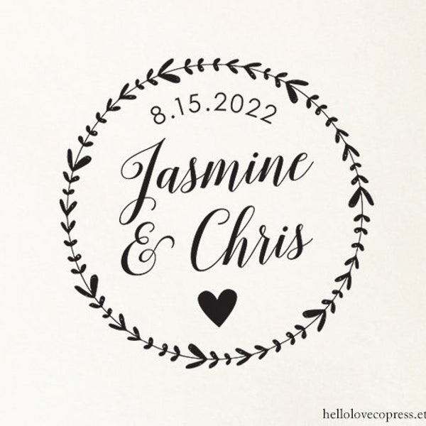 WEDDING STAMP, Personalized Wedding Favor Stamp with Wreath, Round Wedding Favor Stamp, Rustic Wedding, Self Inking or Wooden Stamp