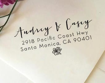 Custom Hibiscus Return Address Stamp, Personalized Rubber Stamp