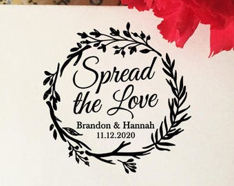 Spread the Love Stamp, Jam Wedding Favor Stamp, Self Inking, Wood Rubber Stamp, Rustic Fall Wedding Stamp, Laurel Wreath, Personalized Stamp