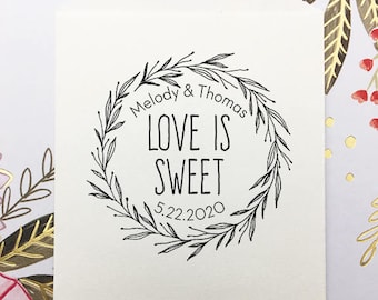 Love is Sweet Wedding Favor Stamp, Personalized Wood Rubber Stamp, Custom Self Ink Candy Dessert Bar Stamp, Leaves Wreath, Gifts for Couples