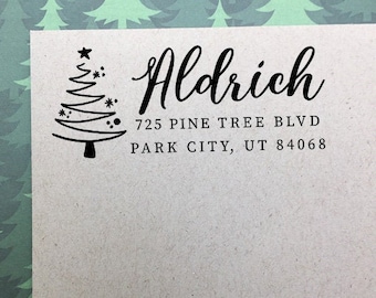 Personalized Christmas Tree Address Stamp, Custom Return Address Stamp, Self Inking Stamp, Christmas Address Stamp, Holiday Wooden Stamp