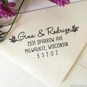 Custom Return Address Stamp, Self Inking Address Stamp, Wedding Stamp with Leaves, Wooden Stamp, Rubber Stamp, Personalized Stamp with Names