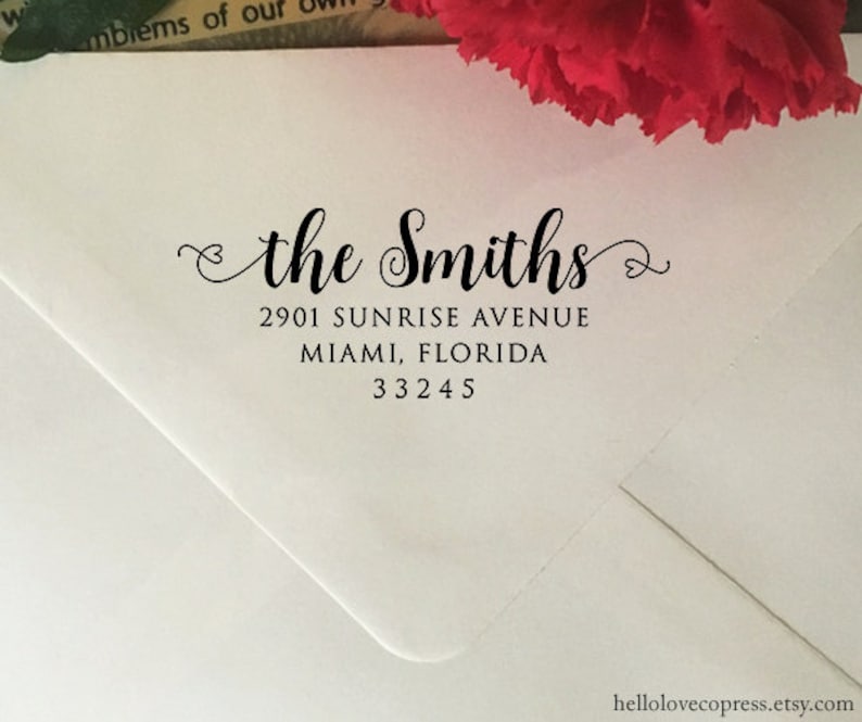 Family Last Name Address Stamp Self Inking Wooden Stamp Custom Address Stamp with Hearts and Swirls Personalized Return Address Stamp
