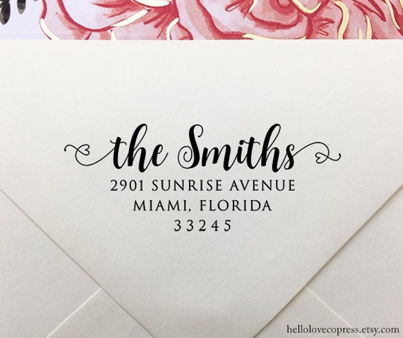 Family Last Name Address Stamp Self Inking Wooden Stamp Custom Address Stamp with Hearts and Swirls Personalized Return Address Stamp