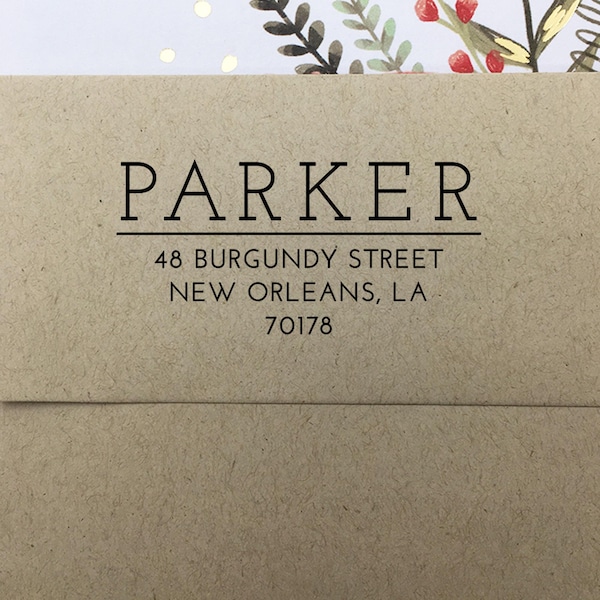 Personalized Modern Serif Family Name Return Address Stamp: Self Inking or Wooden Rubber Stamp