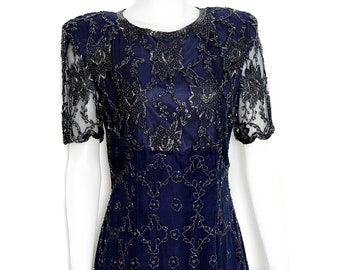 Vintage Navy Blue Silk Beaded Dress, Fit and Flare, Size Small