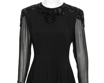 Vintage Silk Beaded Cocktail Dress: Sheer Sleeves, Fit & Flare - Size 6
