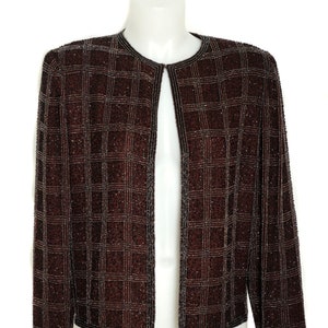 Vintage 1990s Papell Boutique Evening Jacket, Dark Brown 100% Silk Jacket with Black Beads, Glamorous Silk Jacket, Hand Beaded Jacket