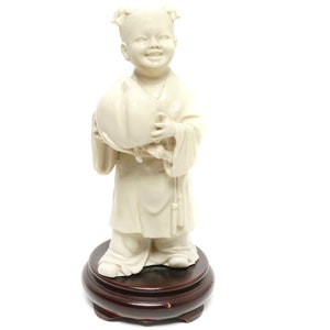 Vintage Little Girl Figurine Holding Lucky Peach Symbol of All Things Good, Unusual Birthday Present, Wish for Longevity, Ward Off Evil Gift