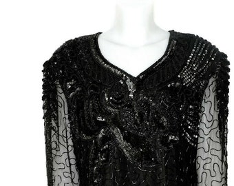 Vintage 1920s Look Beaded Silk Cocktail Dress - Black Sheer Sleeve Party Dress
