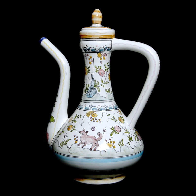 Fine Art Ceramics Vintage 1970s Berardos Portugal Unique Hand Painted 11 Inches Tall Pitcher With Lid Art Collectibles