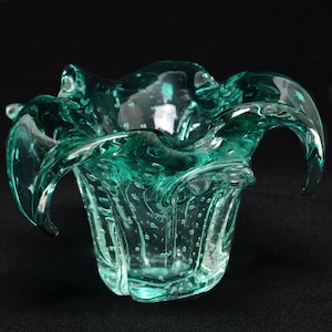 Aqua Art Glass Ashtray: Bullicante Bubble Design, Rolled Rim Trinket Dish