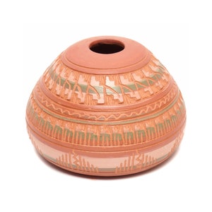 May include: A hand-crafted terracotta pottery vase with a geometric design in shades of brown, green, and pink.