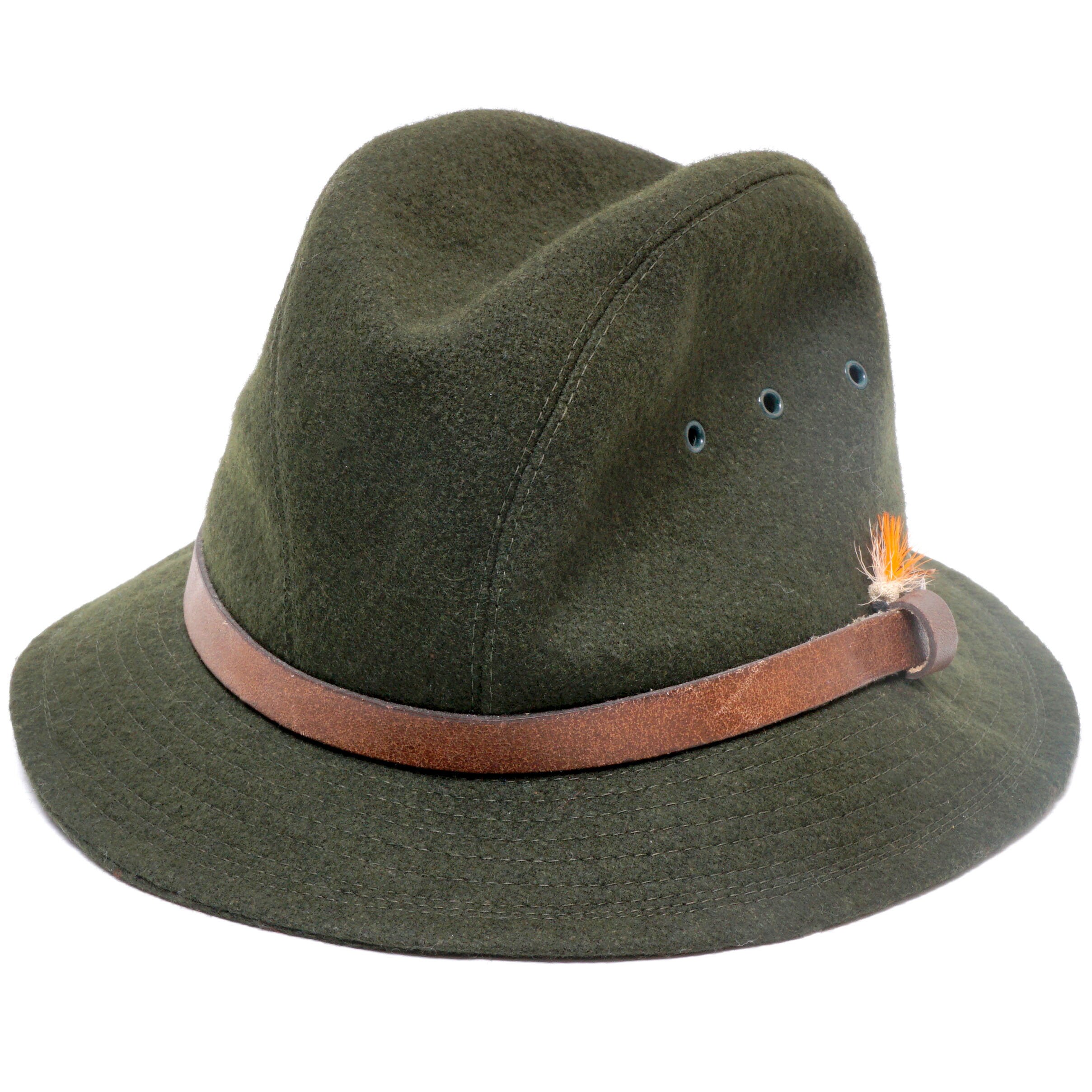 Vintage Eddie Bauer Olive Green Wool Fedora Hat Short Brim Leather Band
