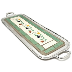 Handmade Mexican Folk Art Tray: Floral Ceramic Tile & Pewter, 21&quot;