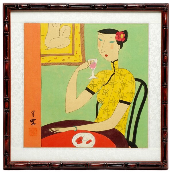 Chinese Modernist Painting by Artist Mo Nong Asian Woman Tasting Red Wine Framed, Modern Chinese Folk Art, Original Gouache Painting China