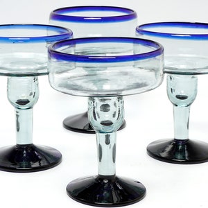 Hand Blown Margarita Coupe Glasses: Blue Rim, Mexican Glassware (Set of 4)