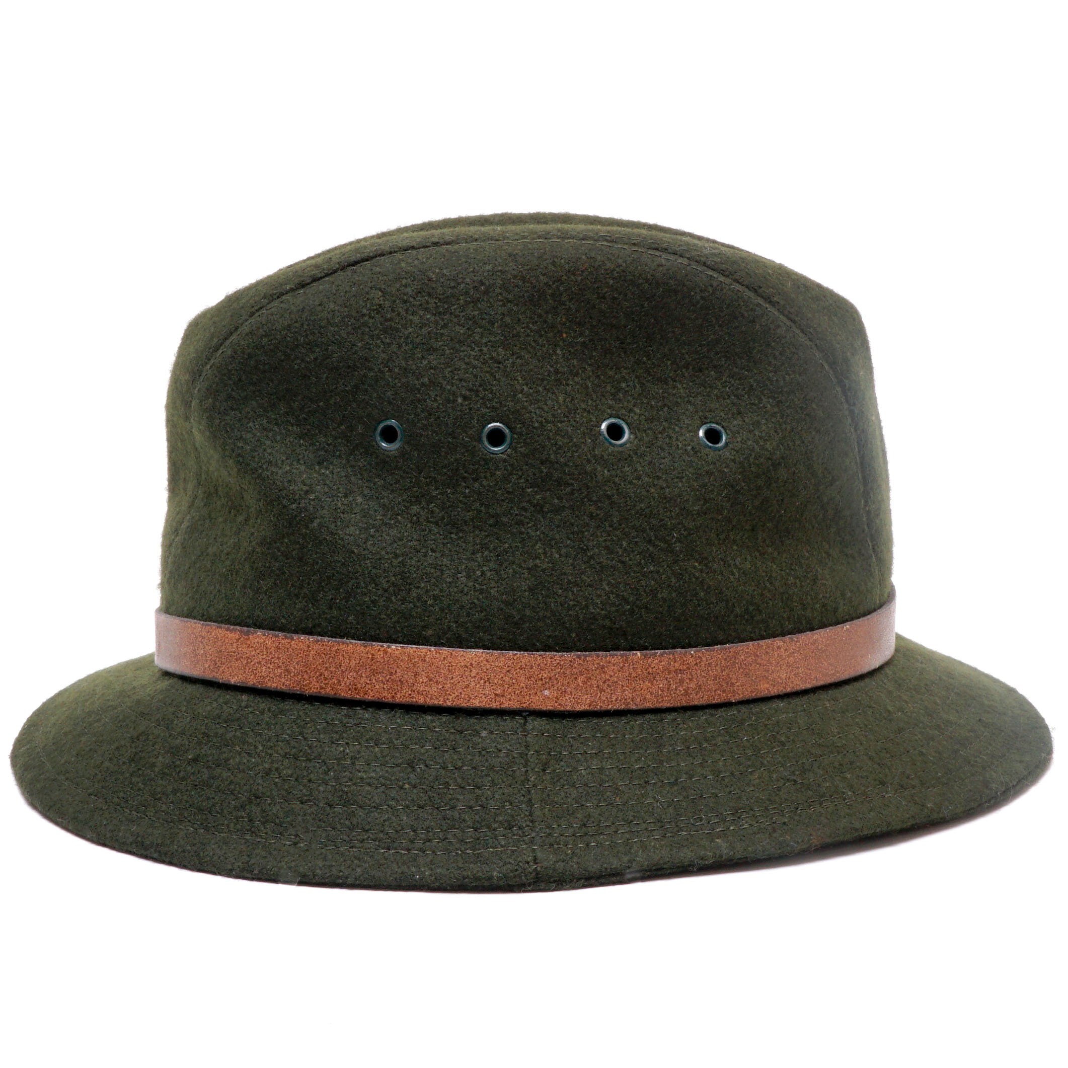 Vintage Eddie Bauer Olive Green Wool Fedora Hat Short Brim Leather Band