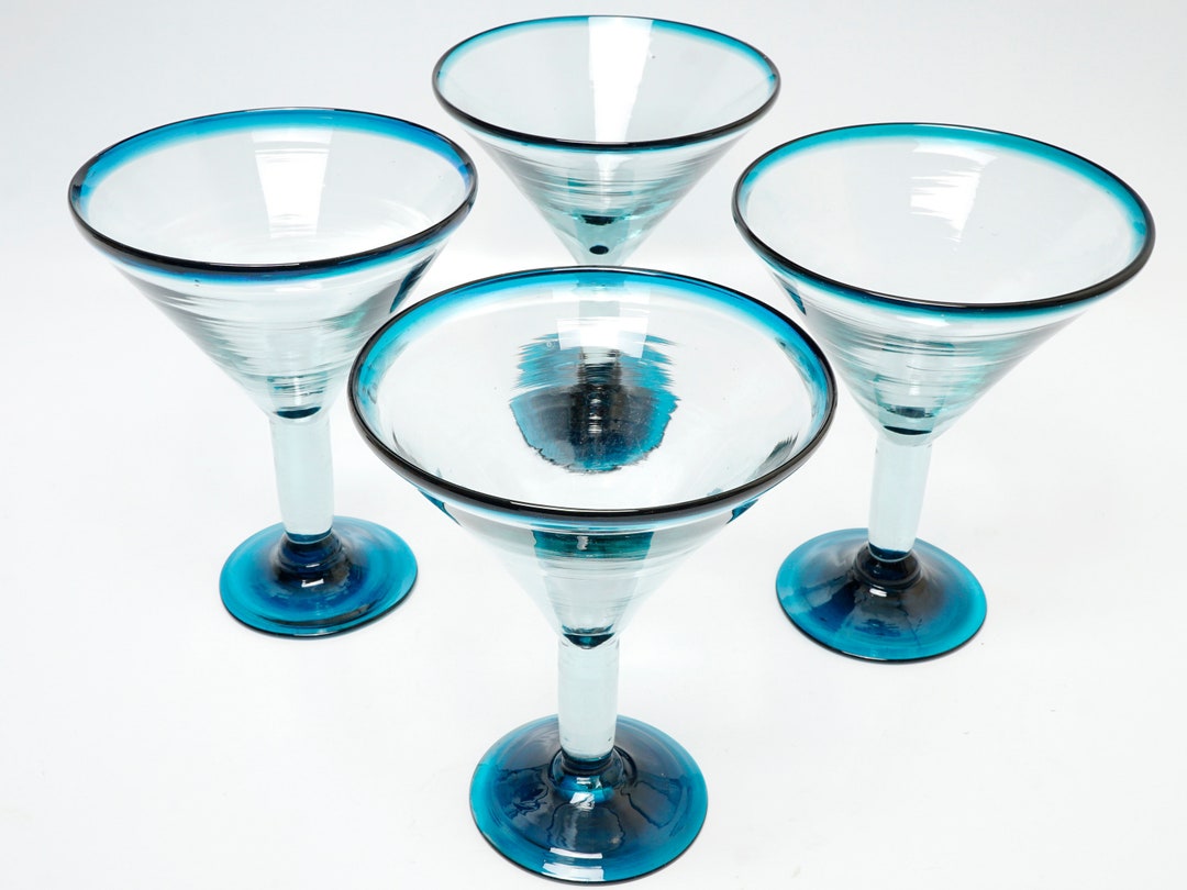 Set Of 4 Handblown Martini V Shaped Cocktail Glasses Blue Rim Etsy