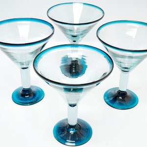 Handblown Martini Glasses Set of 4: Blue Rim, Mexican Barware