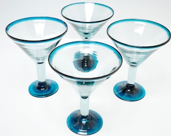 Handblown Martini Glasses Set of 4: Blue Rim, Mexican Barware