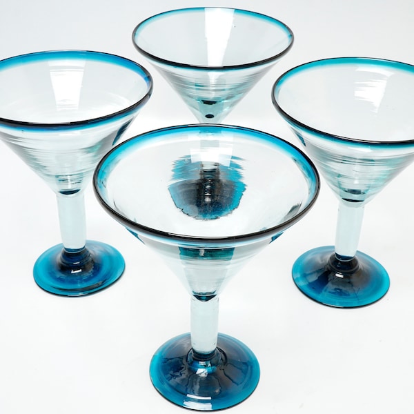 Set of 4 Handblown Martini V-Shaped Cocktail Glasses Blue Rim and Foot Hand Blown in Mexico, Rustic Hand Made Martini Glasses for Home Bar