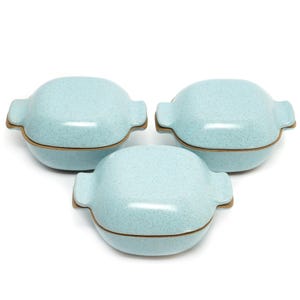 May include: Three light blue ceramic casserole dishes with lids. Each dish has a speckled finish, a brown rim, and two handles. The dishes are arranged in a triangular pattern against a white background.