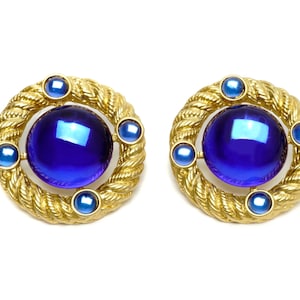 Vintage Park Lane Gold Tone Earrings: Large Blue Acrylic Stone, 1970s Retro