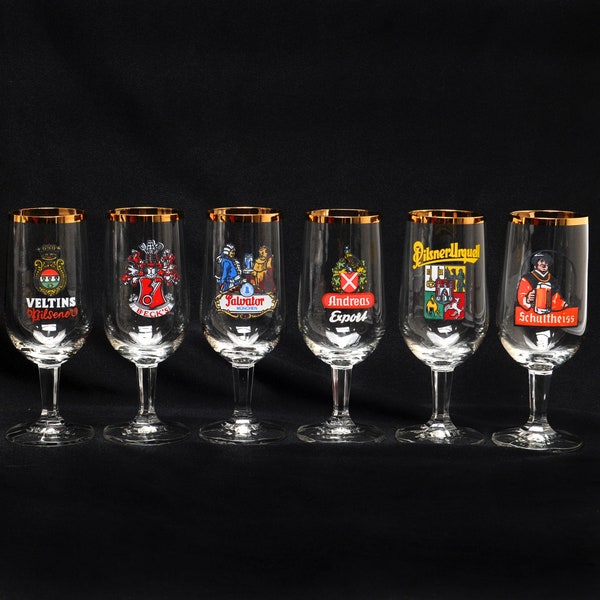 Set of 6 Bier-Tulpen Stemmed Beer Glasses with Various Beer Logos Vintage 1970s German Beer Logo 8 Ounce Glasses for Retro MCM Home Bar