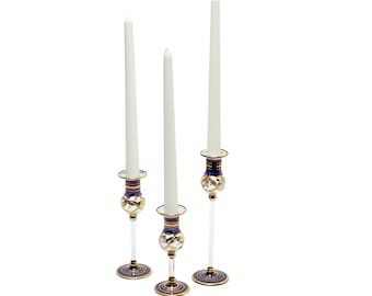 Hand Blown Egyptian Blue & Gold Candlestick Set - 22k Gold Accents