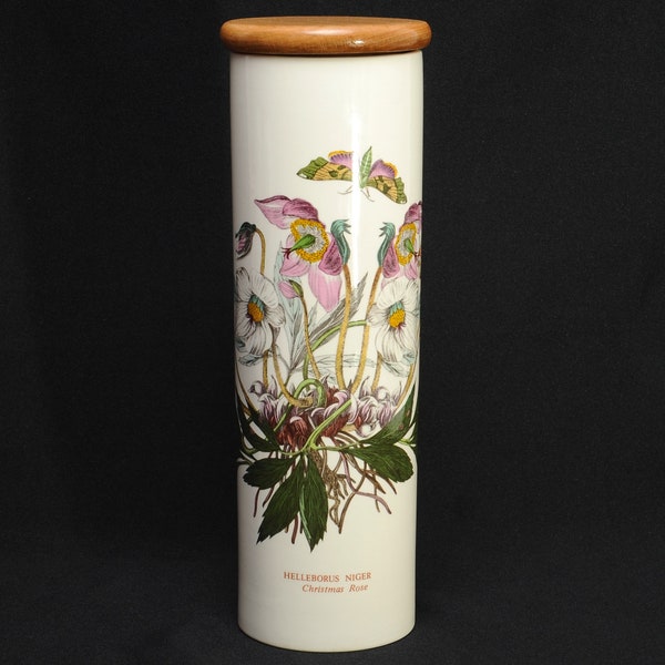 Vintage Portmeirion Botanic Garden Pasta Jar Spaghetti Canister with Wood Lid Christmas Rose Portmeirion Tall Kitchen Canister