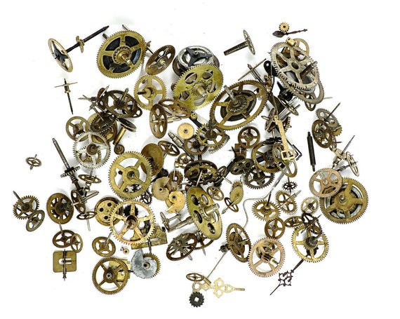 Vintage Brass Clock Parts Lot: Steampunk Gears, Cogs & Hands