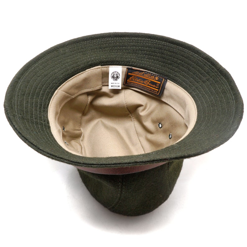 Vintage Eddie Bauer Olive Green Wool Fedora Hat Short Brim Leather Band