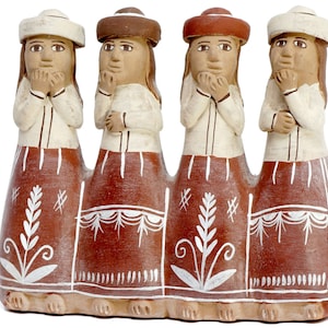 Peruvian Folk Art Pottery Whistle: Four Gossiping Women Clay Figurine