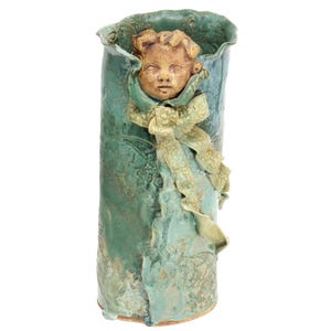 Cherub Face Pottery Vase 13 Inches Tall Blue Green Ruffle Ribbon Studio Art Signed HuH '97