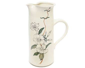 Hand Painted 10 Inch Tall Pottery Pitcher White Morning Glory Flower and Vine on White Elegant Floral 56 Fluid Ounce Art Pottery Pitcher