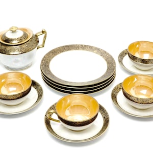 Vintage Noritake Lusterware Tea Set: Art Deco Gold Floral, 14 Piece