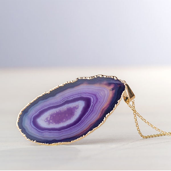 Purple Agate Necklace Agate Slice Necklace Gold Dipped Statement Necklace Blue Jeans Necklace Summer Jewelry Boho Necklace Crystal Necklace