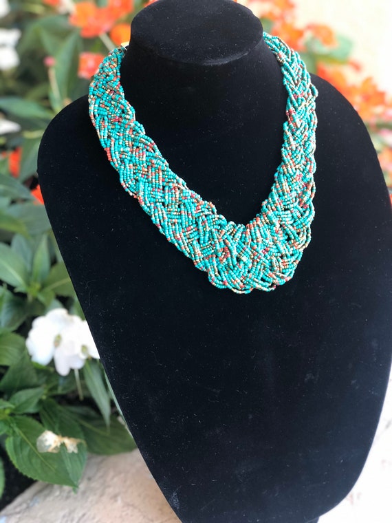Blue Multi Strand Beaded Necklace Big Beaded Necklace and