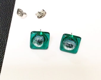 surgical steel posts glass square studs Light green earrings green stud earrings for everyday