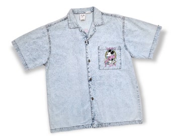 90s Mickey Mouse button up shirt by WALT DISNEY - light blue - front and back print - size L - rarity